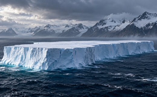 Illustration of a massive Antarctic iceberg floating near South Georgia Island