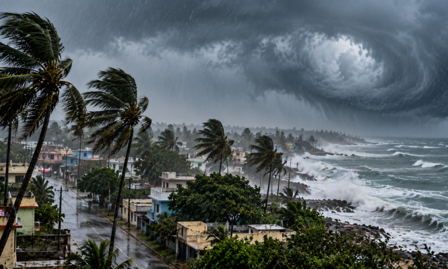 Illustration of a powerful cyclone approaching India's eastern coastline